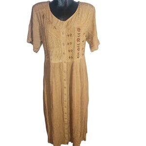 Vintage 90's Tan Maxi Boho Short Sleeve Embroidered Dress L